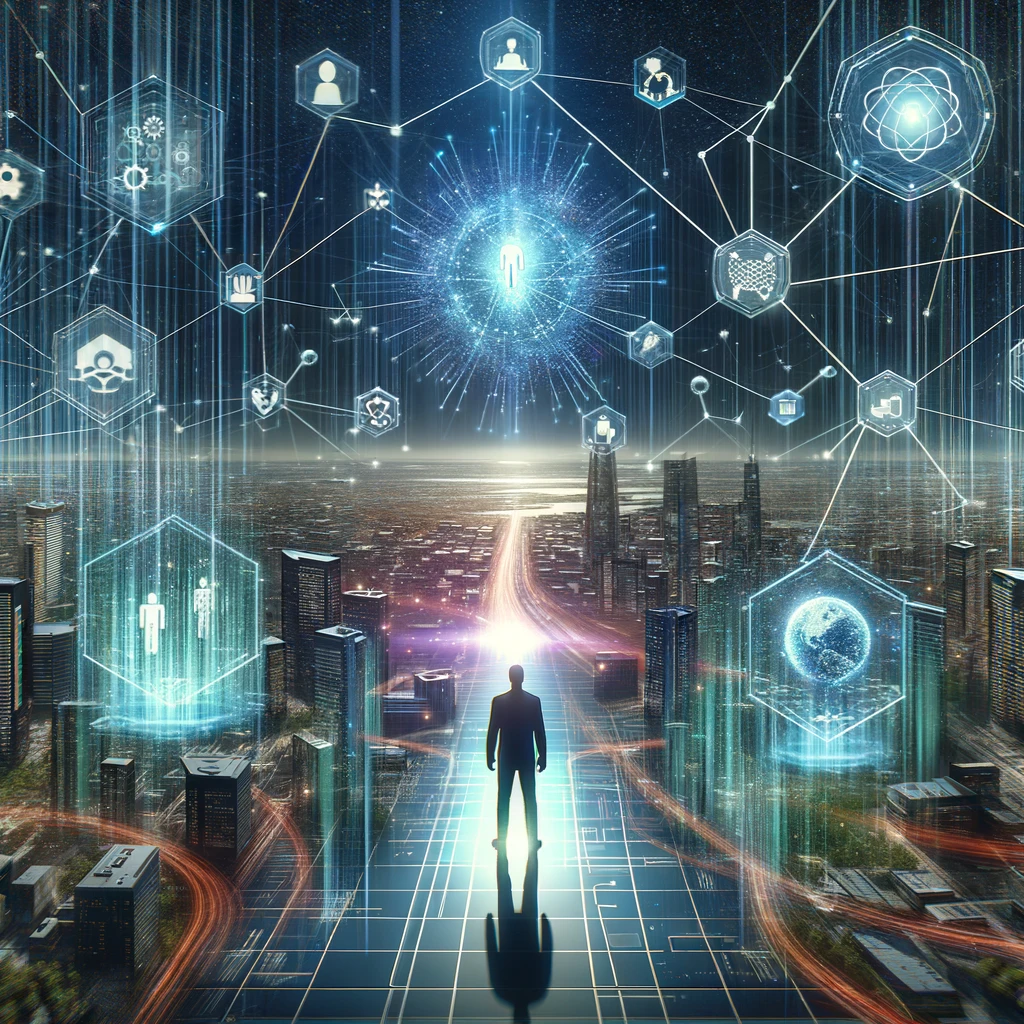 Concept art in a 1:1 ratio showcasing strategic leadership and technological guidance across industries, with a visionary leader, holographic displays of sectors, and interconnected lines symbolizing the alignment of tech strategy with business goals.