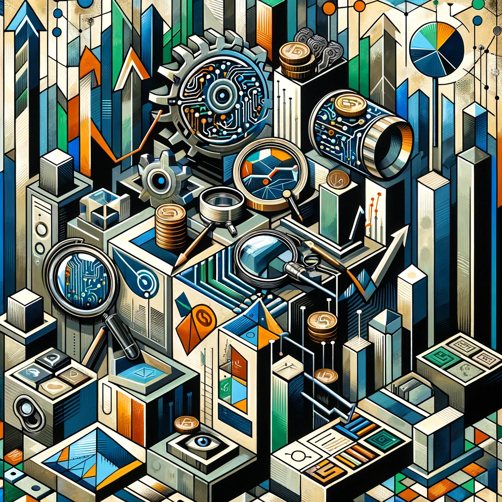 Cubist painting depicting the comprehensive tech due diligence process, abstracting technological and financial elements into geometric forms and planes, highlighting the complex evaluation of ROI and technology in strategic decisions