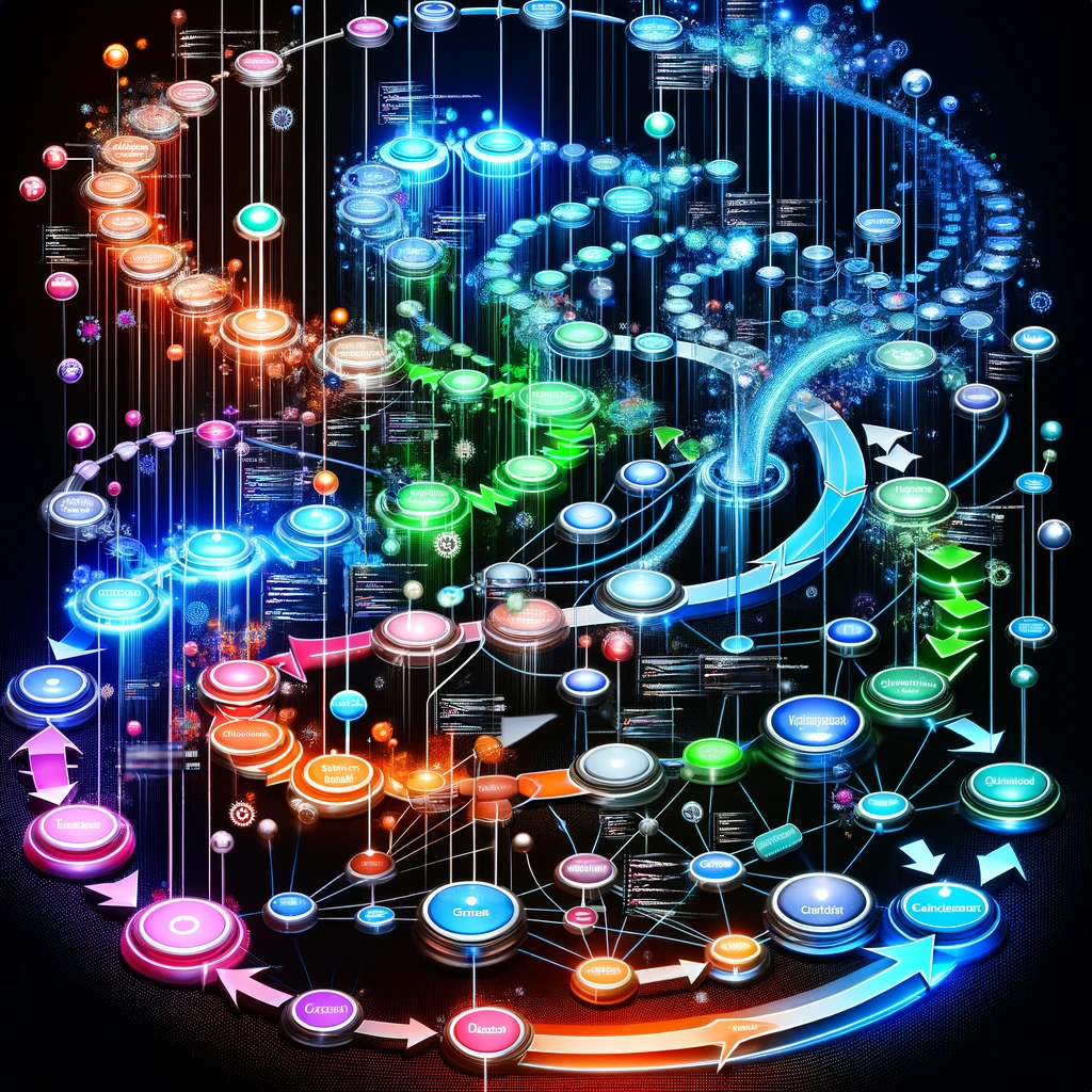 The image is a complex and colourful illustration of a data flow or network infrastructure diagram. It features a multitude of nodes, represented by circles and rounded rectangles connected by multi-coloured lines and arrows, indicating the flow of information or processes. The nodes are variously coloured in bright hues of blue, green, red, orange, and purple, and are adorned with text labels, possibly denoting different functions, data types, or system components. The lines curve and intertwine to form a dynamic and intricate web, suggesting a high degree of connectivity and interaction within a digital ecosystem, such as a computer network, a sophisticated software integration, or a conceptual representation of internet traffic or data science processes. The black background accentuates the vividness of the colourful network, giving the impression of a highly technical and advanced digital system.