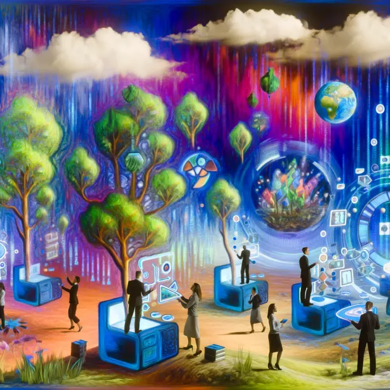 Surrealistic painting depicting a modern workspace merged with fantastical elements, showcasing the development of tech teams through exaggerated, dream-like imagery and vibrant colors, symbolising the limitless potential of technological advancement and collaboration.